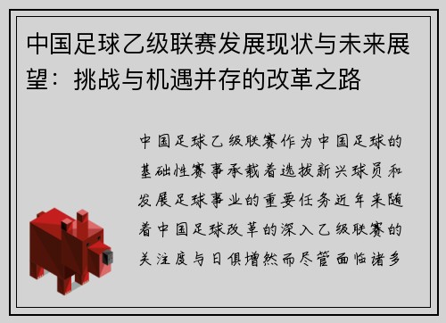 中国足球乙级联赛发展现状与未来展望：挑战与机遇并存的改革之路