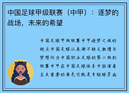 中国足球甲级联赛（中甲）：逐梦的战场，未来的希望