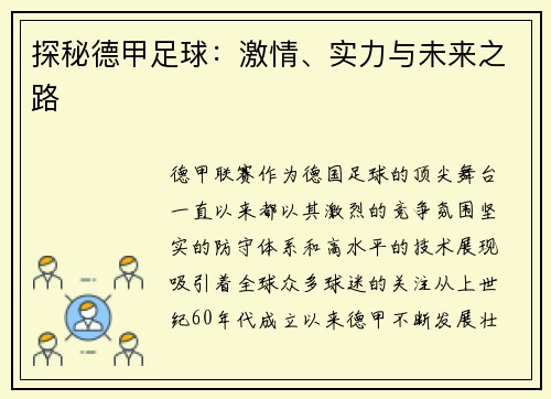 探秘德甲足球：激情、实力与未来之路