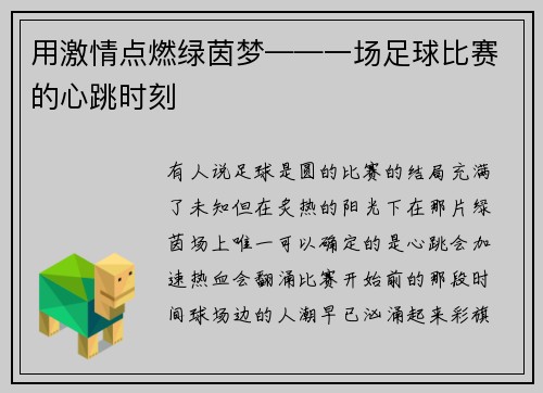 用激情点燃绿茵梦——一场足球比赛的心跳时刻
